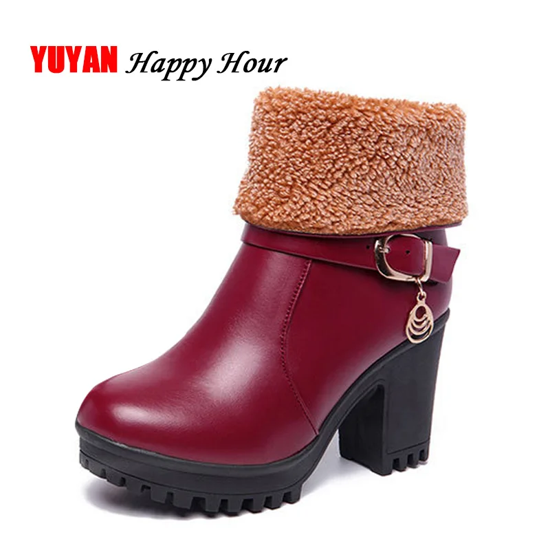 

High Heel Boots Women Winter Shoes Warm Plush Ankle Boots Women's Snow Boots Ladies Square Heel Booties A552