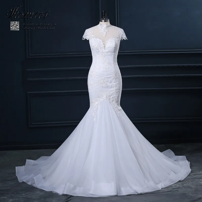 Real Image Vestido De Casamento High Neck Sheer Back Cap Sleeve Lace Mermaid Wedding Dresses Noiva 2015 PL388 | Свадьбы и торжества
