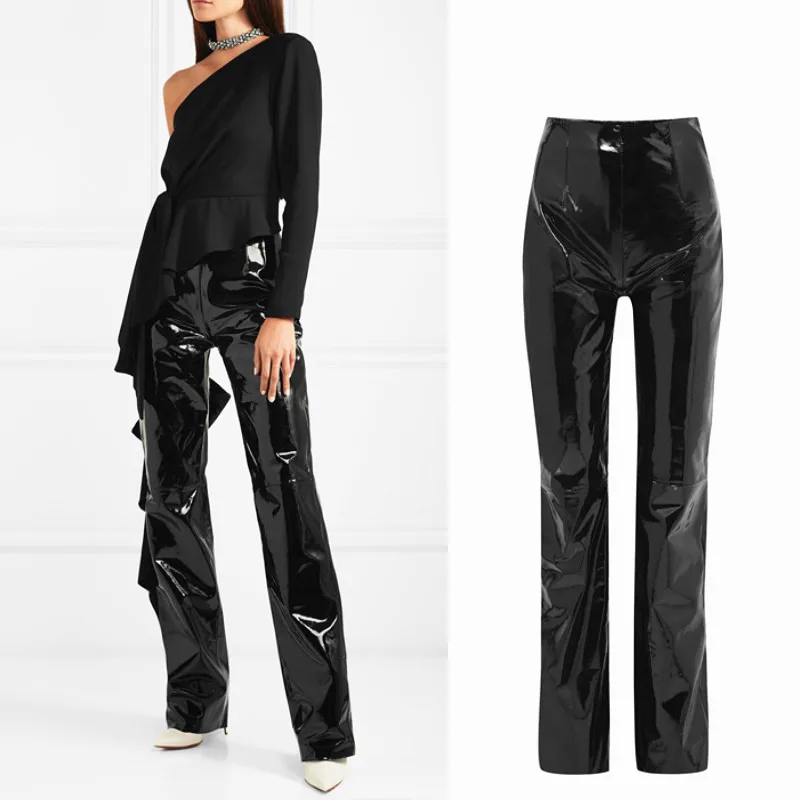 

Fashion brand glossy patent water wash velvet PU leather pants female high waist shiny punk hip bag slim leather trousers wq208