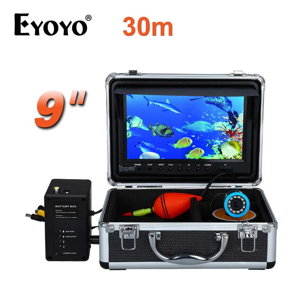 

EYOYO 30M 1000TVL HD Underwater Fishing Camera Fish Finder 9" Large Monitor White LED Adjustable with Cell Box