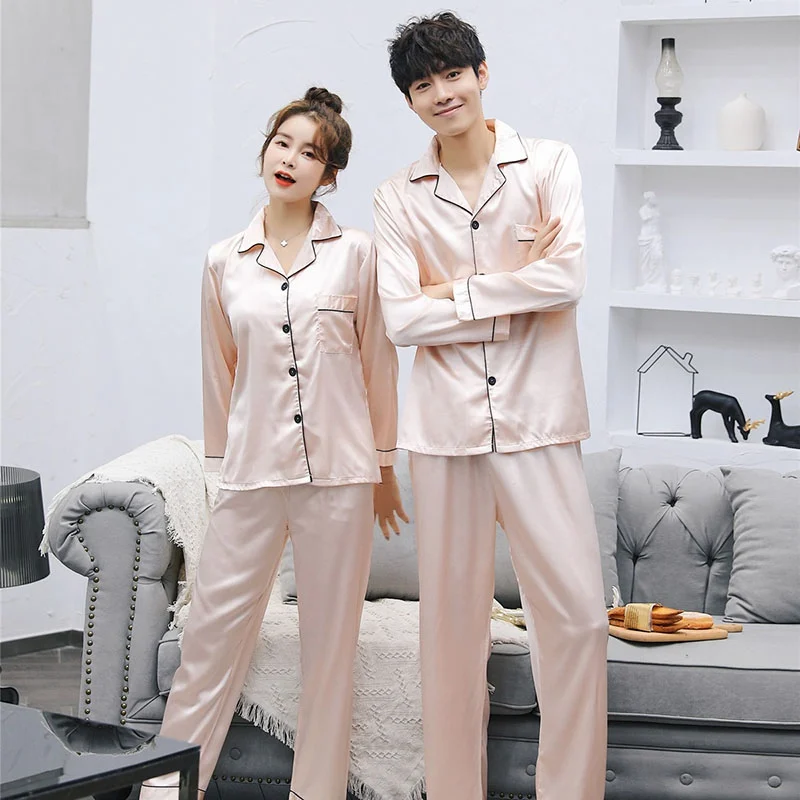 Для женщин мужчин Ice Шелковый Атлас пижамный комплект удобные пижамы с длинными рукавами Пижама Костюм женский мужской сна из двух