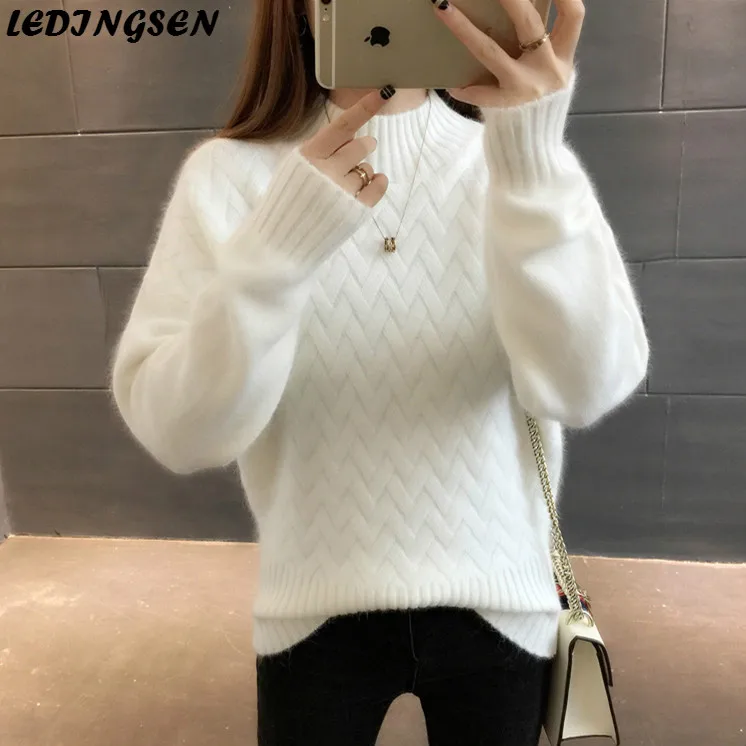 

LEDINGSEN Thick Turtleneck Sweater White Warm Women Autumn Winter Knitted Pullover Sweaters Femme High Elasticity korean tops