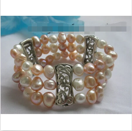 

3rows Natural White&Pink Baroque Pearl Bracelet!^^^@^Noble style Natural Fine jewe SHIPPING new >>free shipping