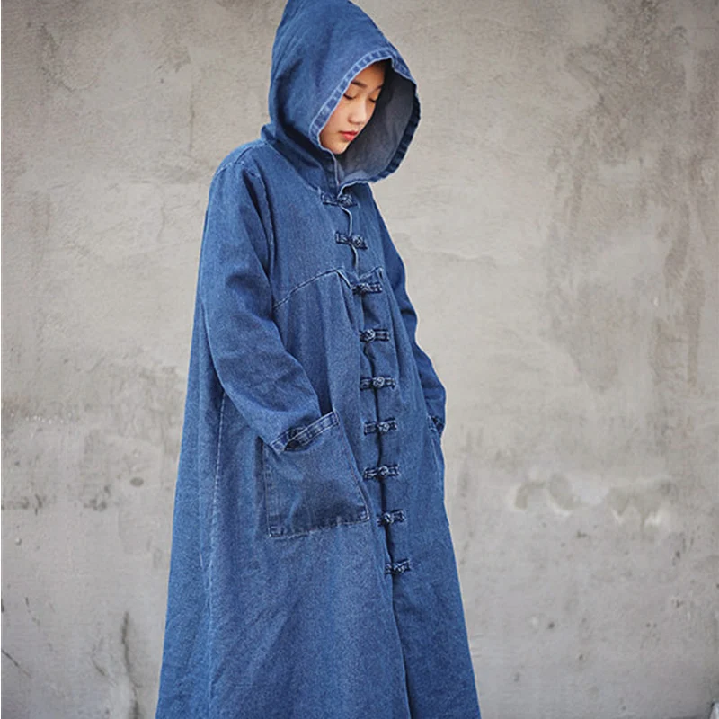 

ORIGOODS Blue Denim Hooded Long Coat Women Spring Autumn Winter Vintage Trench Coat Long Outwear Women Witch Robe Femme D039