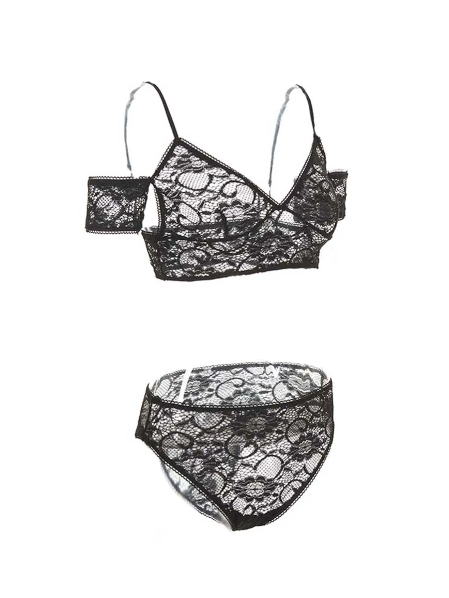 Hot Sexy Black Spaghetti Straps Breif Sets Women Summer Lace Floral Deep V Unlined Bra Tops Crop Elegant Lingeries Clothing