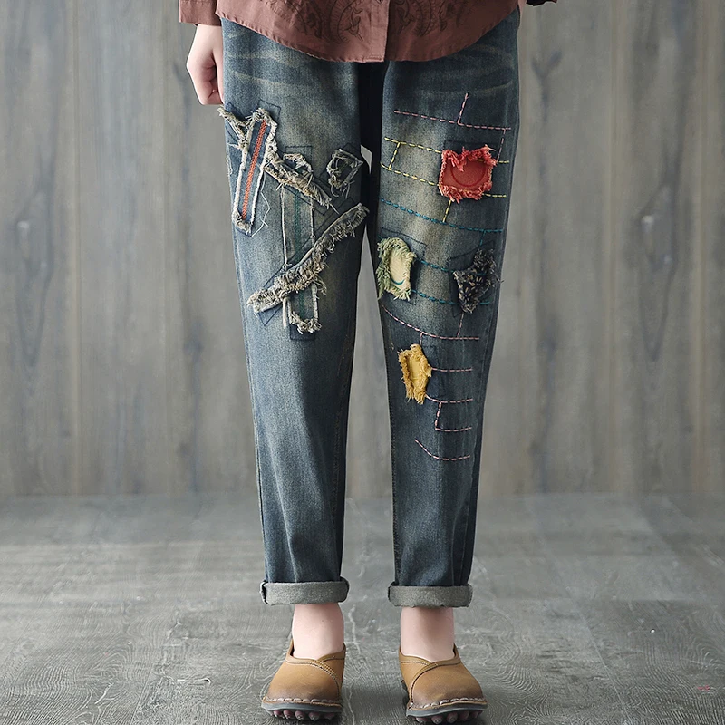 Spring Autumn Women Vintage Loose Elastic Waist Patchwork