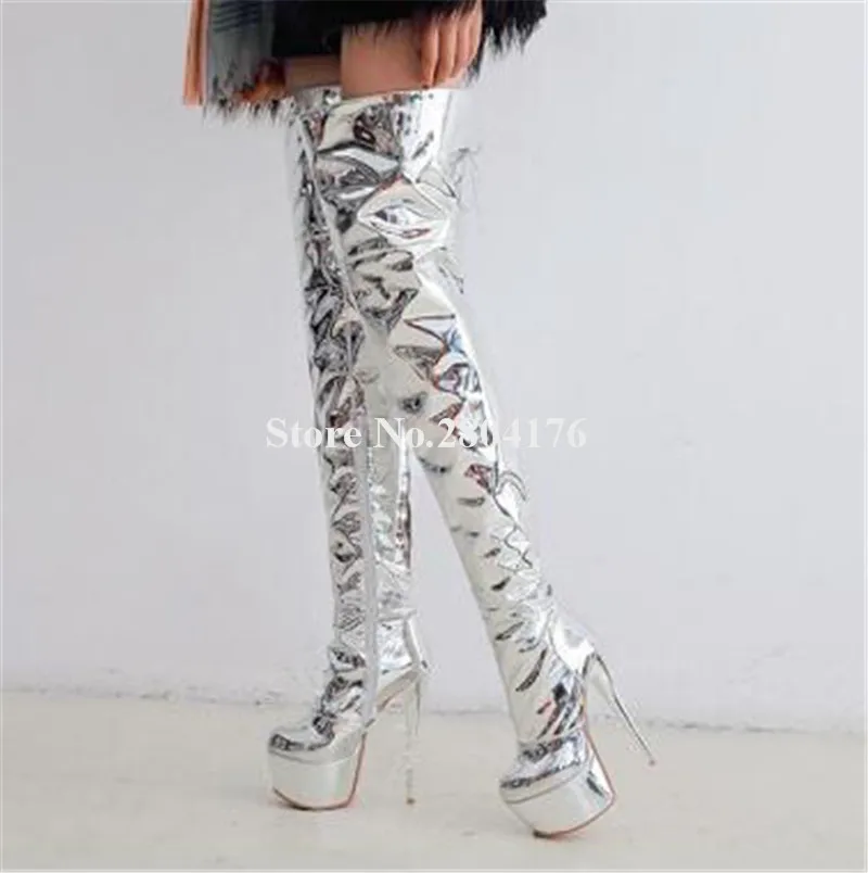 New Fashion Women Sexy Silver Mirror Patent Leather Over Knee High