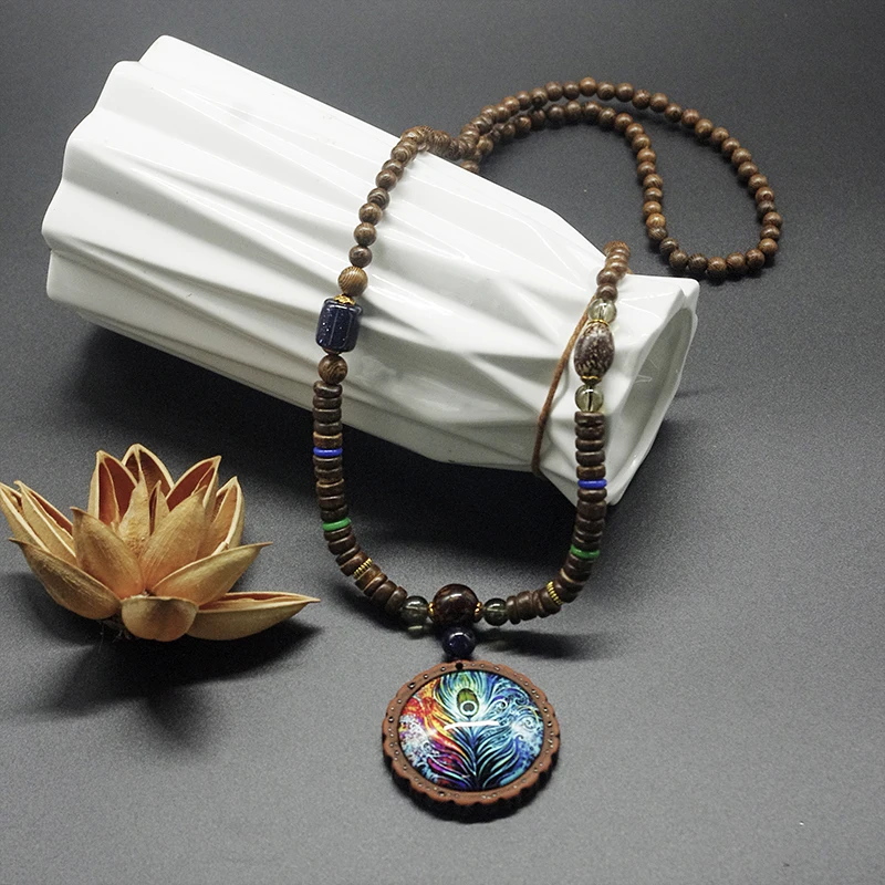 

Ethnic Suspension Necklace Women Long Vintage Necklaces Pendants Wood Beaded Chain Statement Necklace Fashion Jewelry 2019 Gift