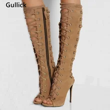 Европейский Стиль до колена пикантная женская обувь с перекрёстной шнуровкой Для женщин Летняя обувь на высоком каблуке открытый носок элегантные женские вечерние модельные туфли с боковой молнией