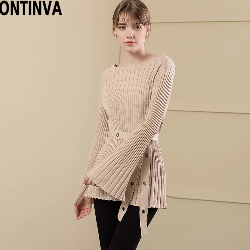 Girls Slim Sweet Sweater Pullovers Slash Neck Flare Long Sleeve
