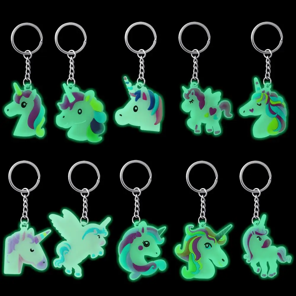 

10pcs Silicone Luminous Unicorn Keychain Glow in the dark Unicorn Charm Keychains Supplies Jewelry Key Holder Alloy KeyRing
