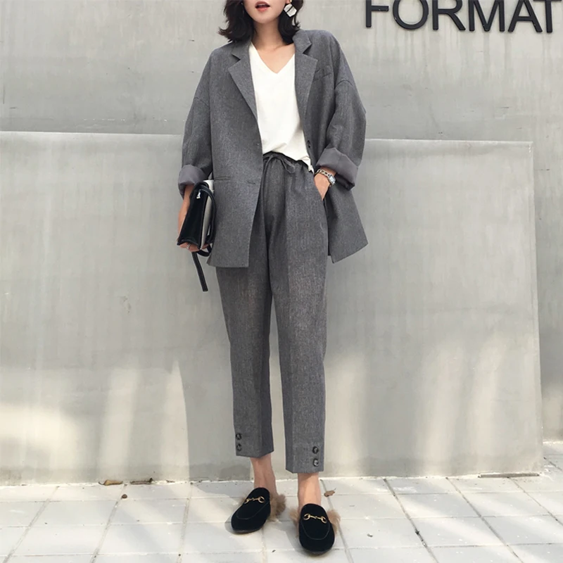 

2018 Autumn Fashion Women Pant Suits 2 Pieces Set Single Breasted Jacket Blazer & Elastic Waist Buttons Pant Casual Female Suits