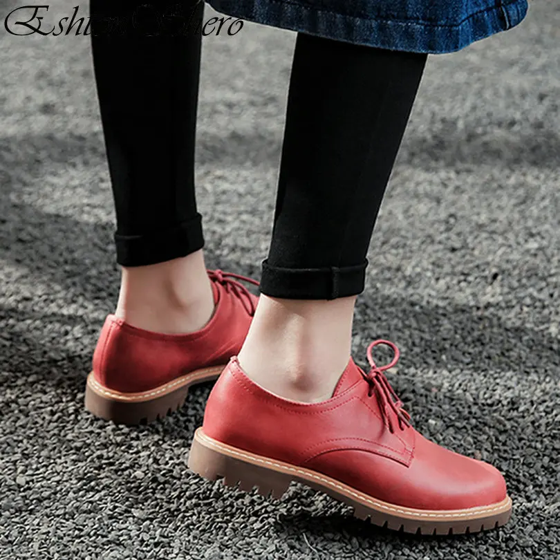 

EshtonShero Spring Women's Shoes Woman Pumps Platform Leather+PU Low Heels Lace Up Western Style Ladies Wedding Shoes Size 3-8