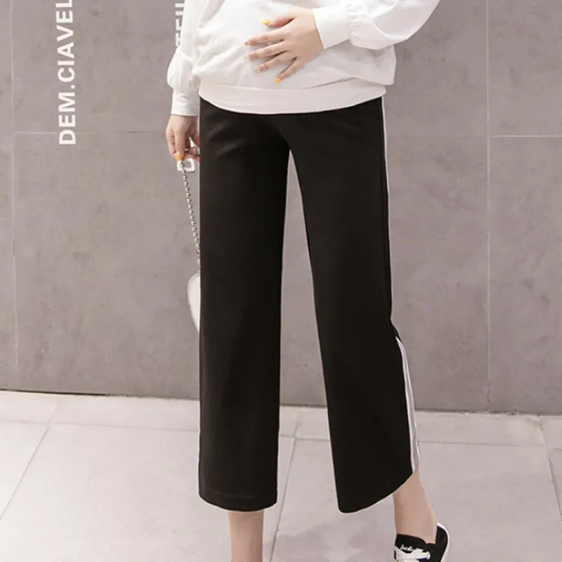 Большие размеры повседневные брюки для беременных корейские Демисезонные брюки длиной до икры полосатые широкие брюки с боковыми штанинами женская одежда - Цвет: Черный