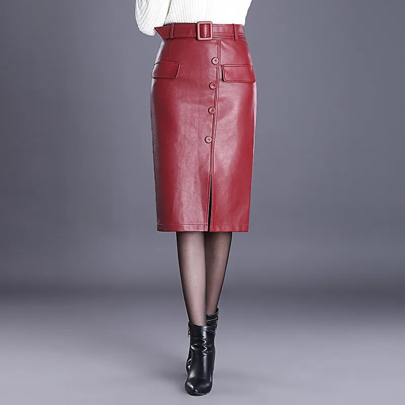 Женская красная черная юбка средней длины, осенняя Зимняя юбка с высокой талией из искусственной кожи, юбка размера плюс M-4XL с поясом, женская тонкая юбка-карандаш