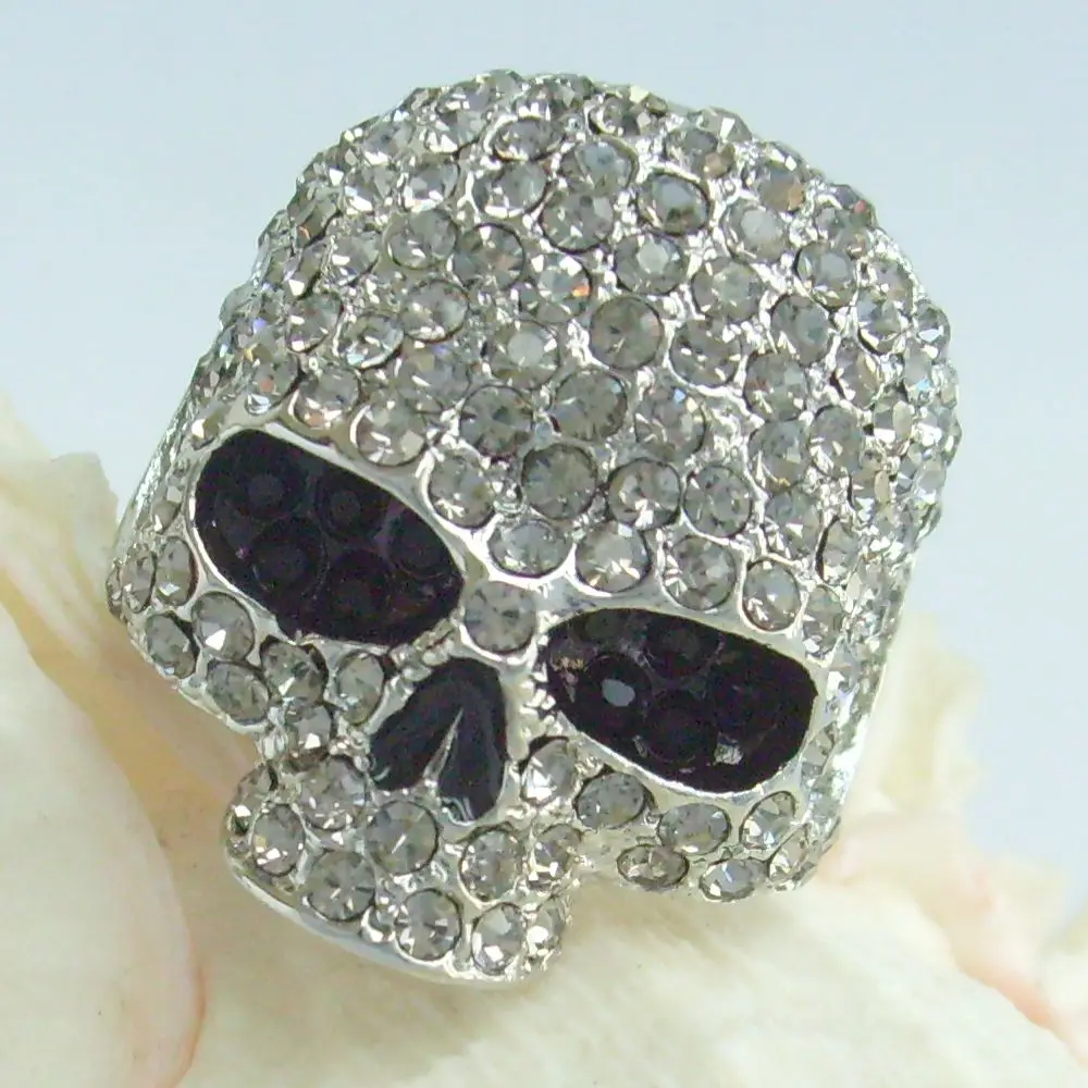 Unique Adjustable Halloween Skull Skeleton Ring Gray Rhinestone Crystal