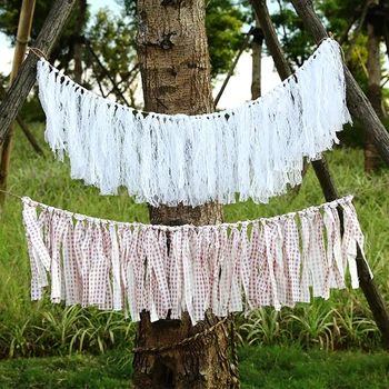 

HAOCHU Wedding Vintage Bunting Rustic Burlap Banner White Lace Fabric Pennant Garlands Tassel Blue Lattice Party Supplies