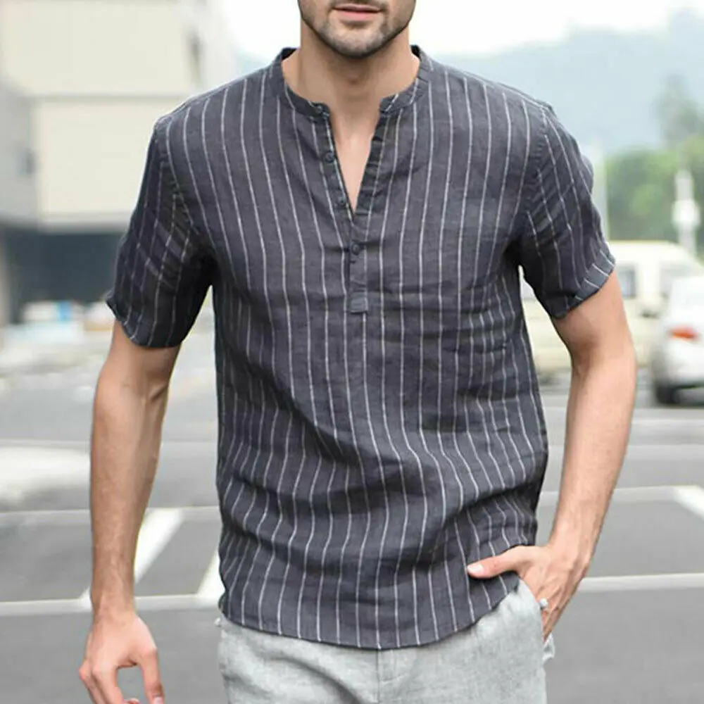

Hot Summer Men's Shirts Linen V Neck Short Sleeve Striped Basic Pullover Gray Slim Tee Stand Collar Casual Tops New M-2XL