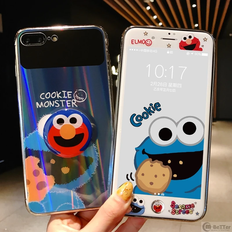 For iPhone XS MAX/XR case 6 6s 7/8 plus tempered glass cover make-up mirror sesame street ELMO +  screen protector phone holder