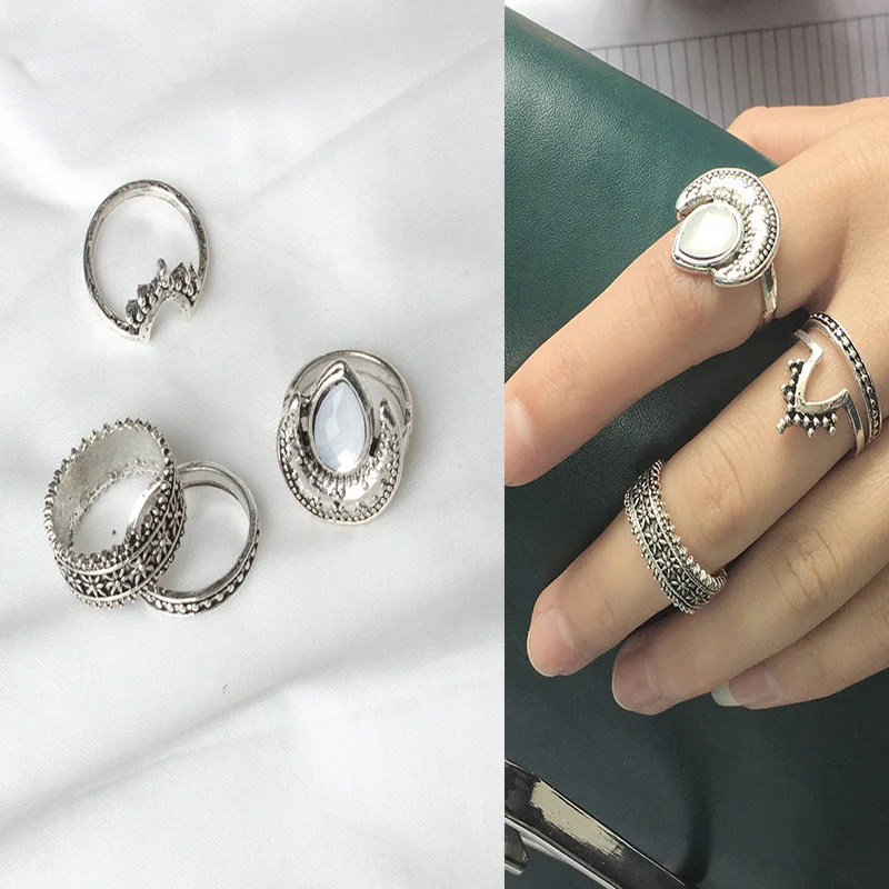 

Knock 4PCS/Set Punk Oval Moon Tibetan Sliver Color Ring Set for Woman Spinner Ring Anillos Knuckle Ring Jewelry