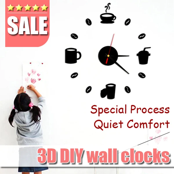 

Coffee Cups Kitchen wall art 3d diy wall clocks mirror clock modern design watches home decoration DIY decor sticker living room