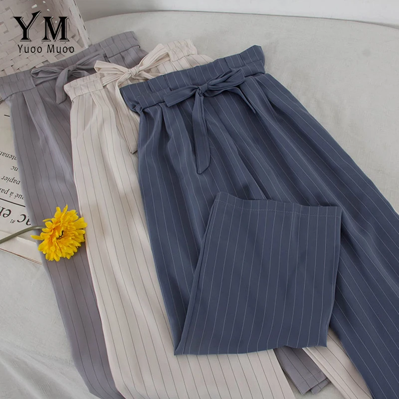 

YuooMuoo Vintage Striped High Waist Women Pants Summer 2019 Korean Bowtie Belt Long Trousers Streetwear Ladies Office Pants