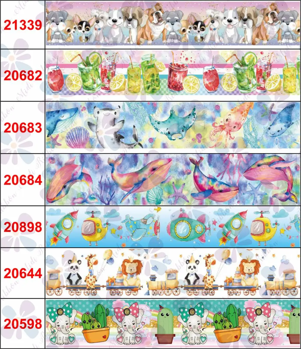 16mm-75mm Animal Series Dolphin Bulldog Cactus Printed Grosgrain/Foe Ribbon DIY Hair Bowknots Party Decor 50yards/roll | Дом и сад