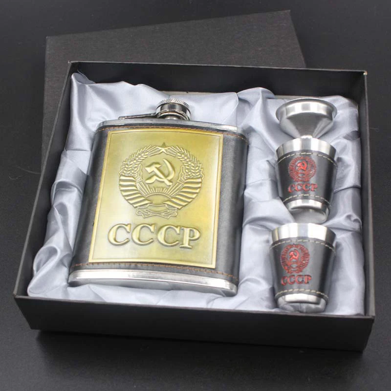 

7 Oz Whiskey Alcohol Flask Stainless Steel Set Hip Flask CCCP Flagon Liquor Flask Petaca Leather Wrapped Mug Cups Funnel Box