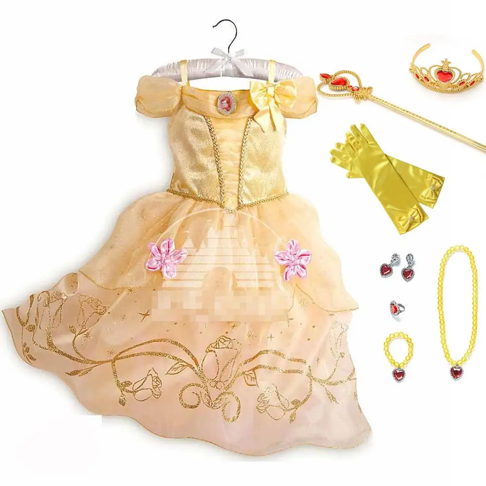 PaMaBa/летние праздничные платья принцессы для девочек; Детские костюмы Золушки и Авроры; платья для малышей; одежда на Хэллоуин - Цвет: Belle Dress Set-4