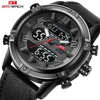 

GIMSR Luxury Brand Men's Watch Leather Fashion Sport Watch Man Quartz LED Digital Clock Waterproof Military Wrist Watch men G1