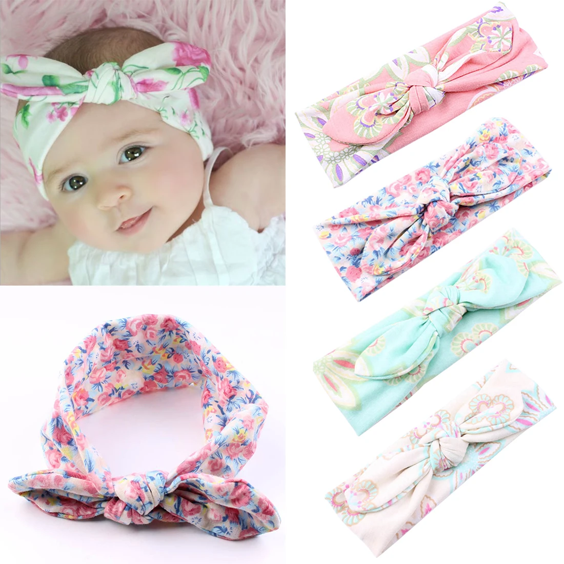 Baby Hair Cotton Headbands Elastic Bunny Ears Hair Band Head Wraps for Toddler Infant Girls-Random Color 1pcs