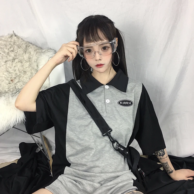 Новая летняя женская одежда ulzzang корейский отложной воротник harajuku свободные буквы вышивка Модные Цветные Короткие платья - Цвет: Серый