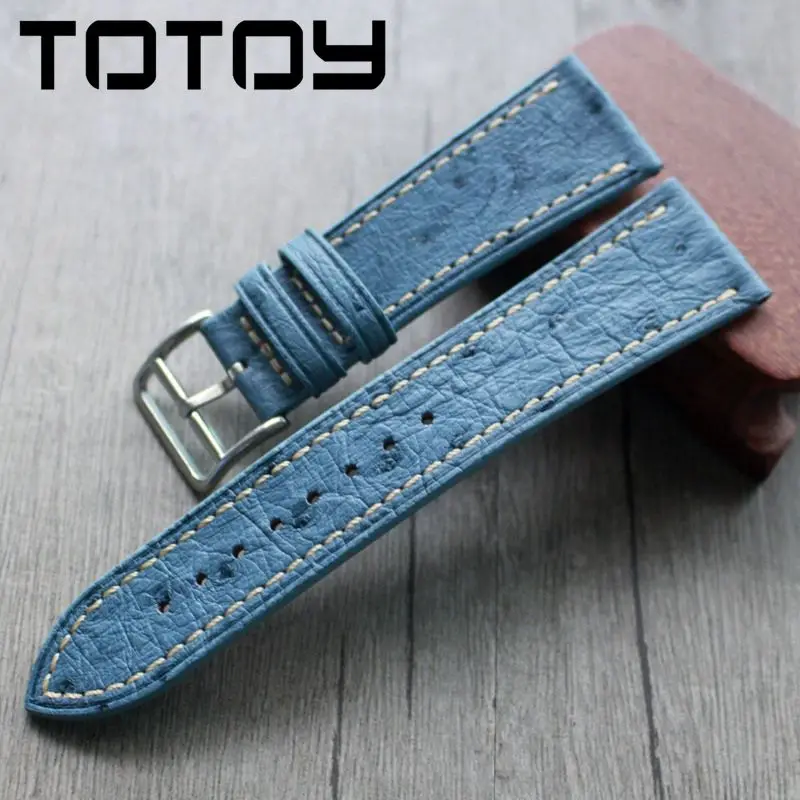 

TOTOY South African Ostrich Leather Watchbands 22MM 24MM Vintage Soft Leather Strap, Blue Vintage Strap