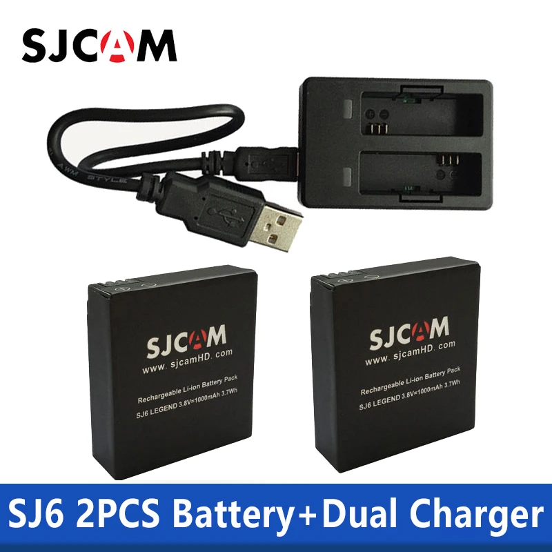 Tanie SJCAM 2 szt. Baterie SJ6 3.8V 1000mAh akumulator + podwójna ładowarka do SJCAM SJ6 Legend akcesoria do kamer sportowych