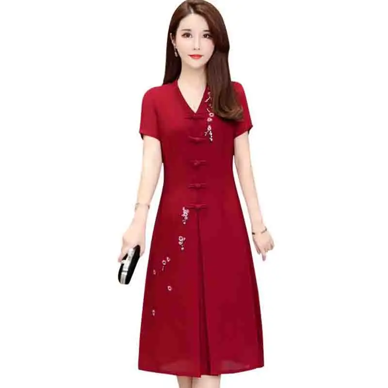 Винтаж китайский летнее платье Для женщин с коротким рукавом Большие размеры вышитые улучшилось cheongsam платья элегантные вечерние платья