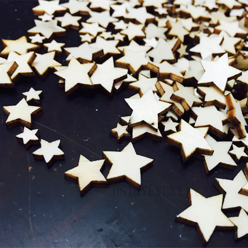 100pcs 6 8 10 12.5 15mm Lovely Rustic Wooden Five-Pointed Star Wood Scatter Decoration Crafts Decorative Pieces Wedding Party