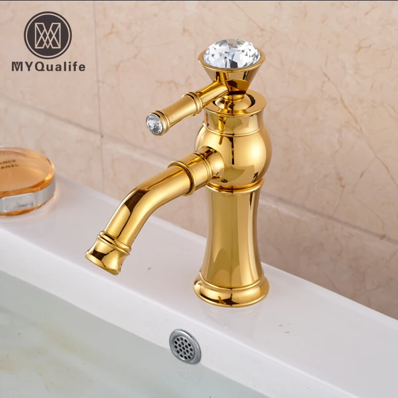 

2016 Brand New Swivel Spout Basin Sink Faucet Single Handle & Cristal Golden Bathroom Mixer Water Taps
