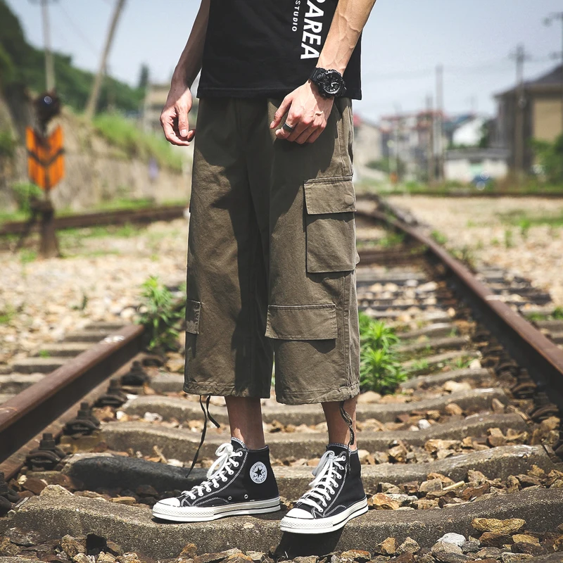 

Summer New Casual Pants Men Fashion Solid Color Straight Tooling Wind Cropped Pants Man Streetwear Hip Hop Joggers Sweatpants