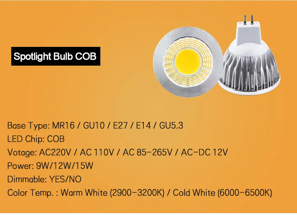 Светодиодная лампа Точечный светильник MR16 GU10 Светильник E27 E14 точечная лампа 2835 SMD лампада GU5.3 220V 110V 12V 3W COB лампа 9W 12W 15W для домашнего декора