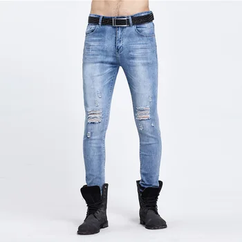 

HOT 2020 Fashion Casual Youth micro elastic man jeans hole cutting knee damage hip hop streetwear Distressed men's feet pants