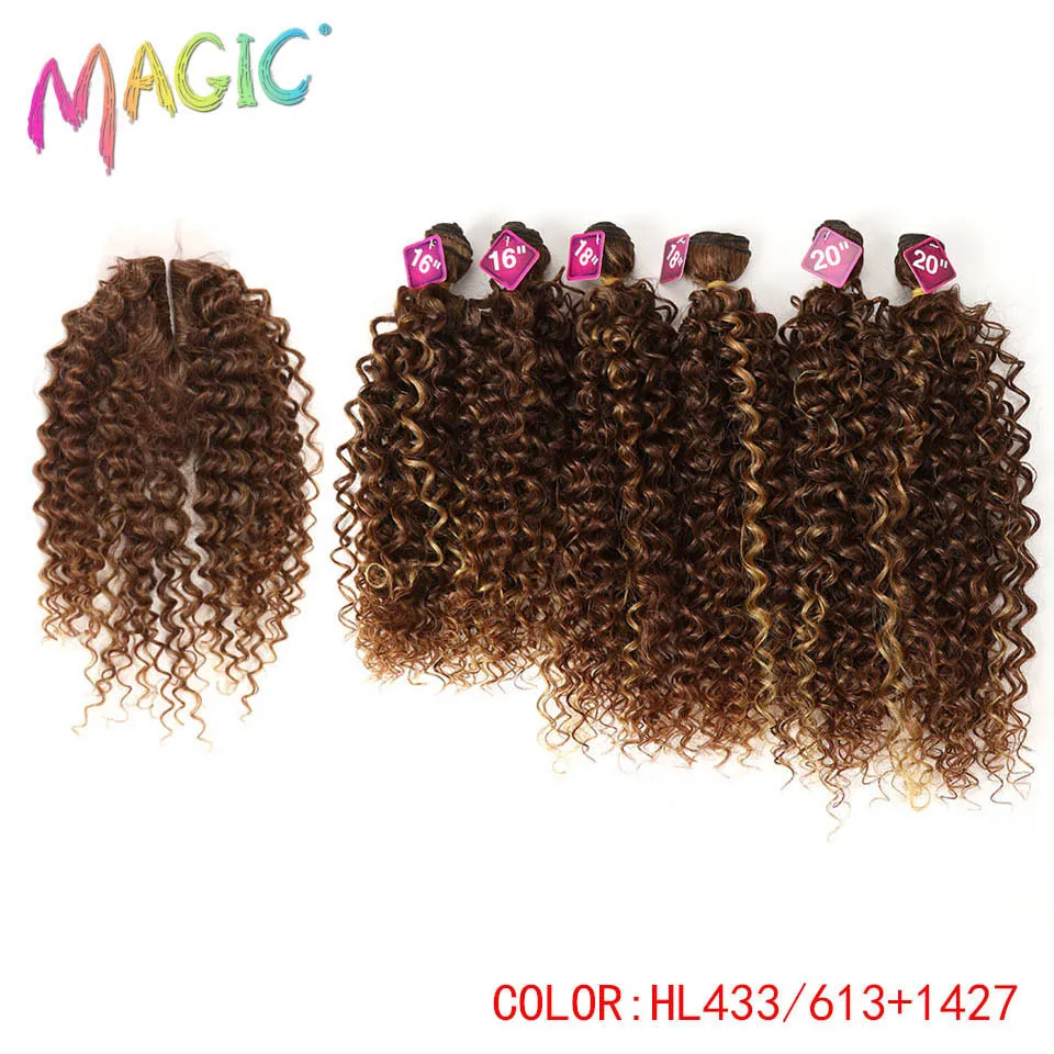 Syntetyczne Afro Kinky kręcone włosy blond 16-20Inch 7 sztuk/lot syntetyczne przedłużanie włosów 6Pieces z zamknięciem koronki dla czarnych kobiet -