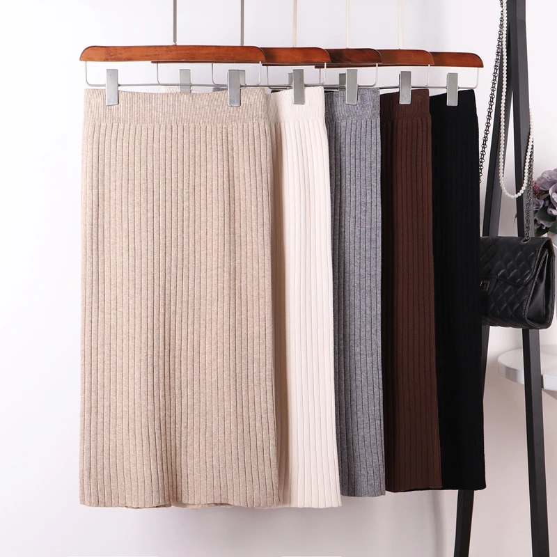 

GIGOGOU Long Autumn Winter Women Skirts High Elastic Soft Knitted Sweater Skirt Thick Warm Female Rib Skirt black