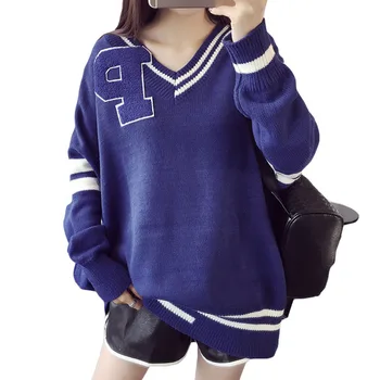 

Women V Neck Knitted Sweaters Striped Letter Embroidery Pullovers Loose Casual Knitwear Tops Sweater Mujer for Fall Winter XH629