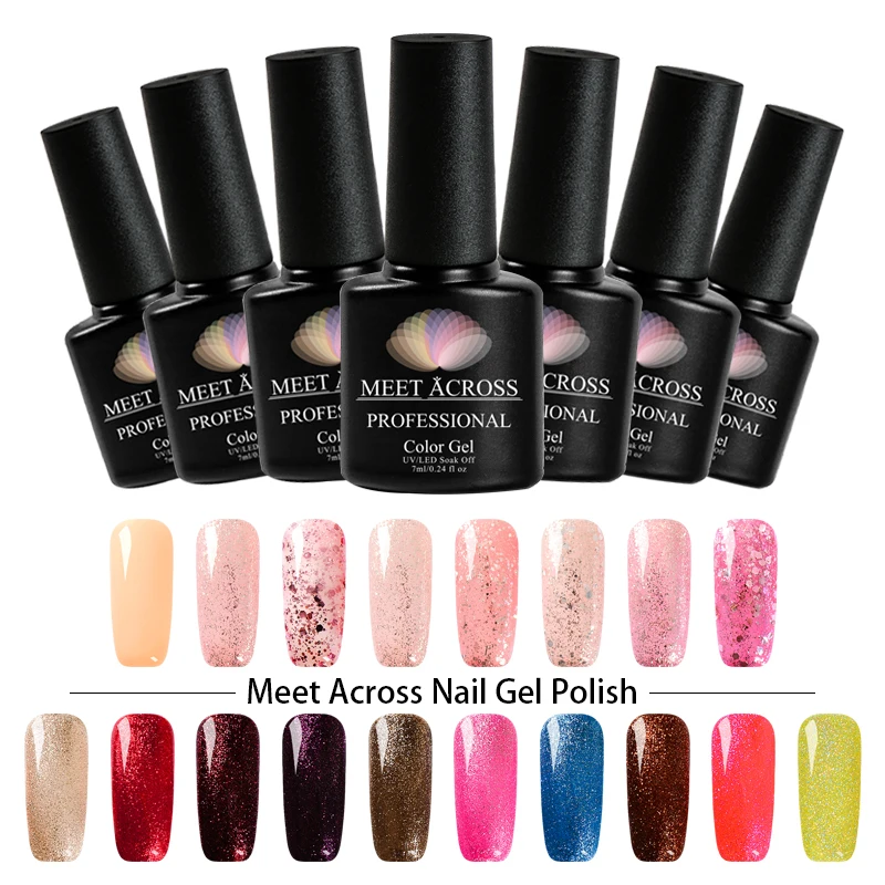 

MEET ACROSS Glitter Sequins Gel Nail Polish 7ML UV Soak Off Gel Semi-permanent UV Manicure Gel Varnish DIY Nail Art Lacquer