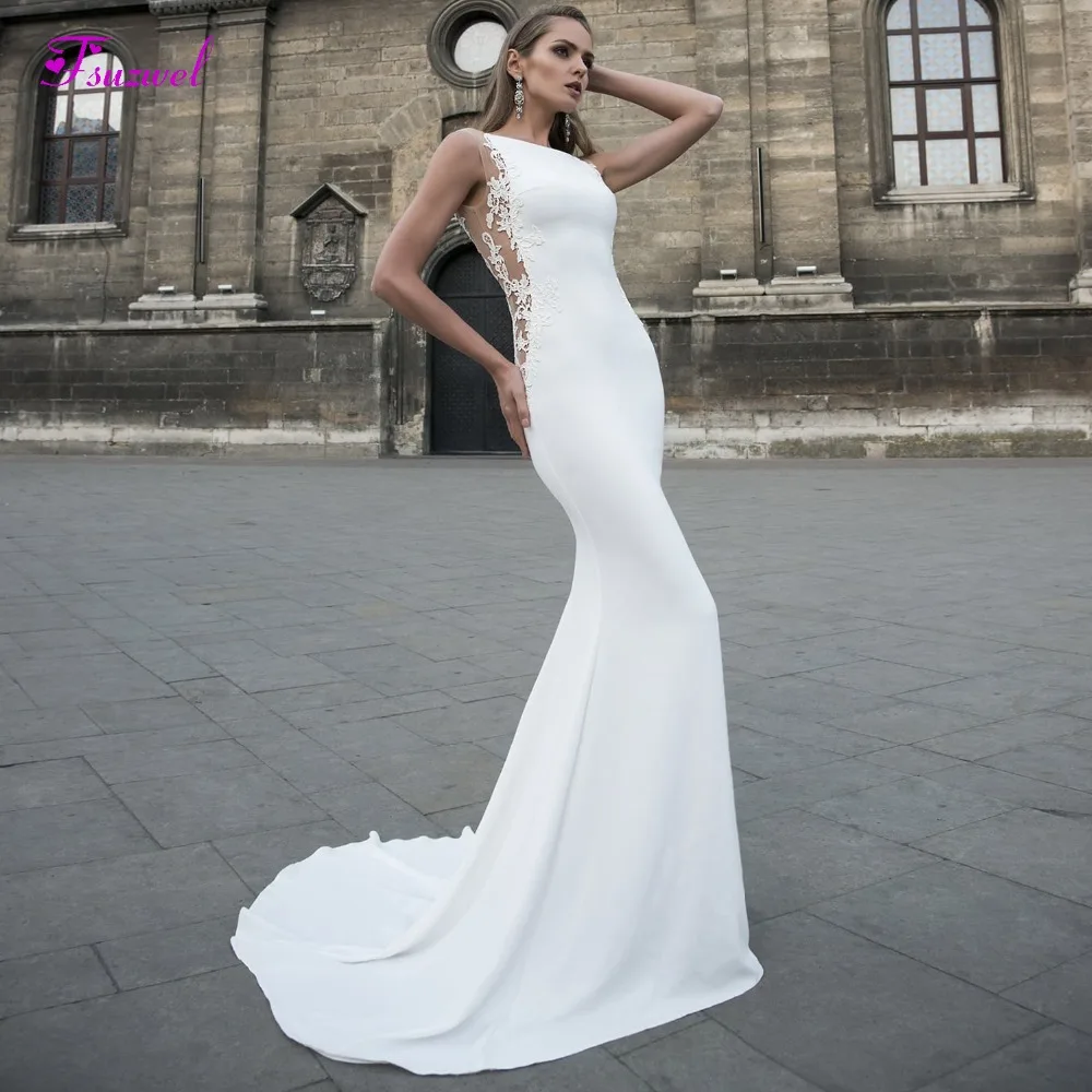 

Fsuzwel New Arrival Romantic Scoop Neck Satin Mermaid Wedding Dresses 2020 Sexy Backless Appliques Trumpet Bridal Gown Plus Size