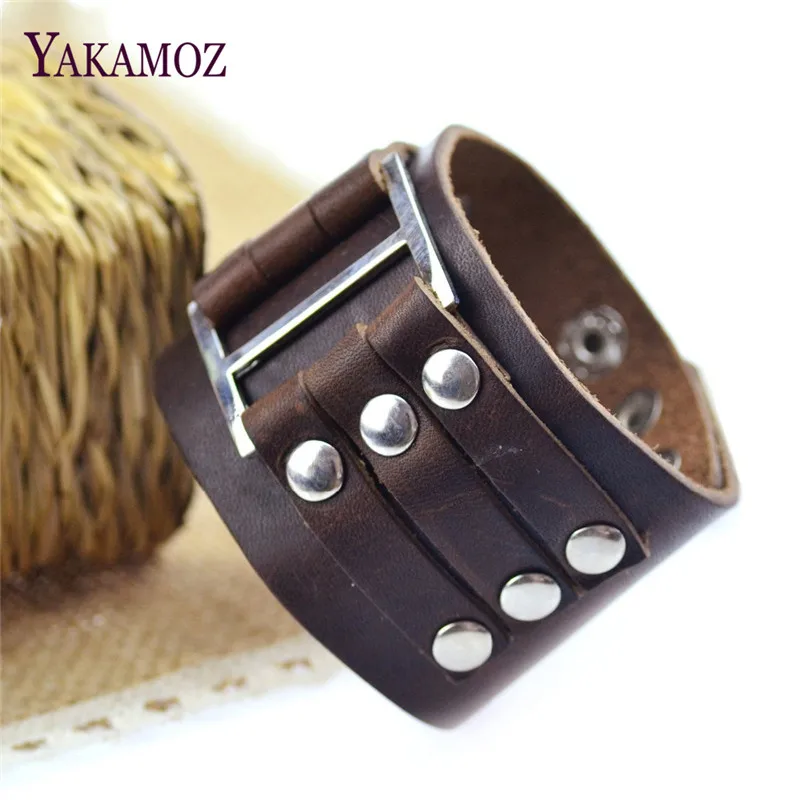 

Retro Brown Rivet Handmade Genuine Leather Bracelets Brown Punk Wide Cuff Bracelets & bangle for Women Men Jewelry Accessory