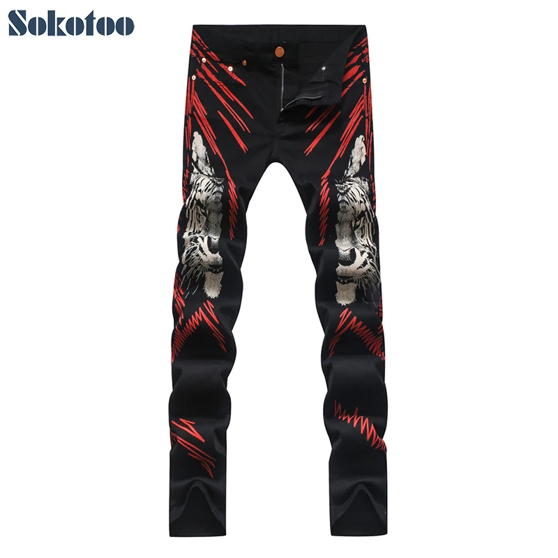 Sokotoo Мужская мода Красные линии тигр печати джинсы цветной рисунок тонкий стрейч черные джинсовые штаны длинные брюки