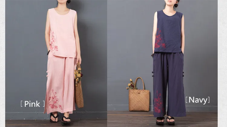 LZJN 2019 New Summer Women Sets Loose Tops and Pants Two Piece Suit Sets Women Casual Cotton Linen Tank Tops and Pants Set  (9)
