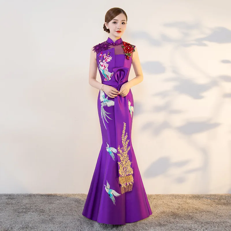 Фиолетовый современный Cheongsam Сексуальная Qipao Для женщин длинные традиционные китайские платья Восточный Свадебные платья вечернее платье