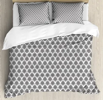 

Black and White Duvet Cover Set Monochrome Arrangement of Abstract Oriental Damask Motifs Swirled Lines Decor 4pcs Bedding Set
